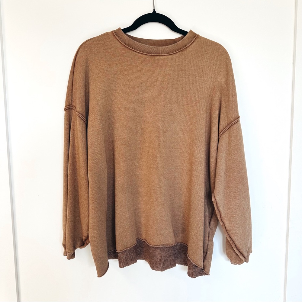 Aerie Oversized Brown Crewneck Raw Hem Pullover Tan Sweatshirt Loose Lounge AE